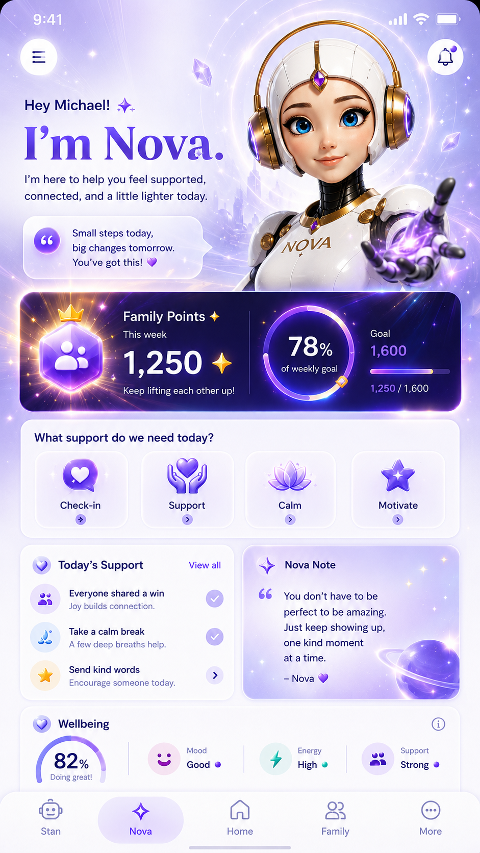 Family Guardian design preview showing Nova, shared family points and daily support