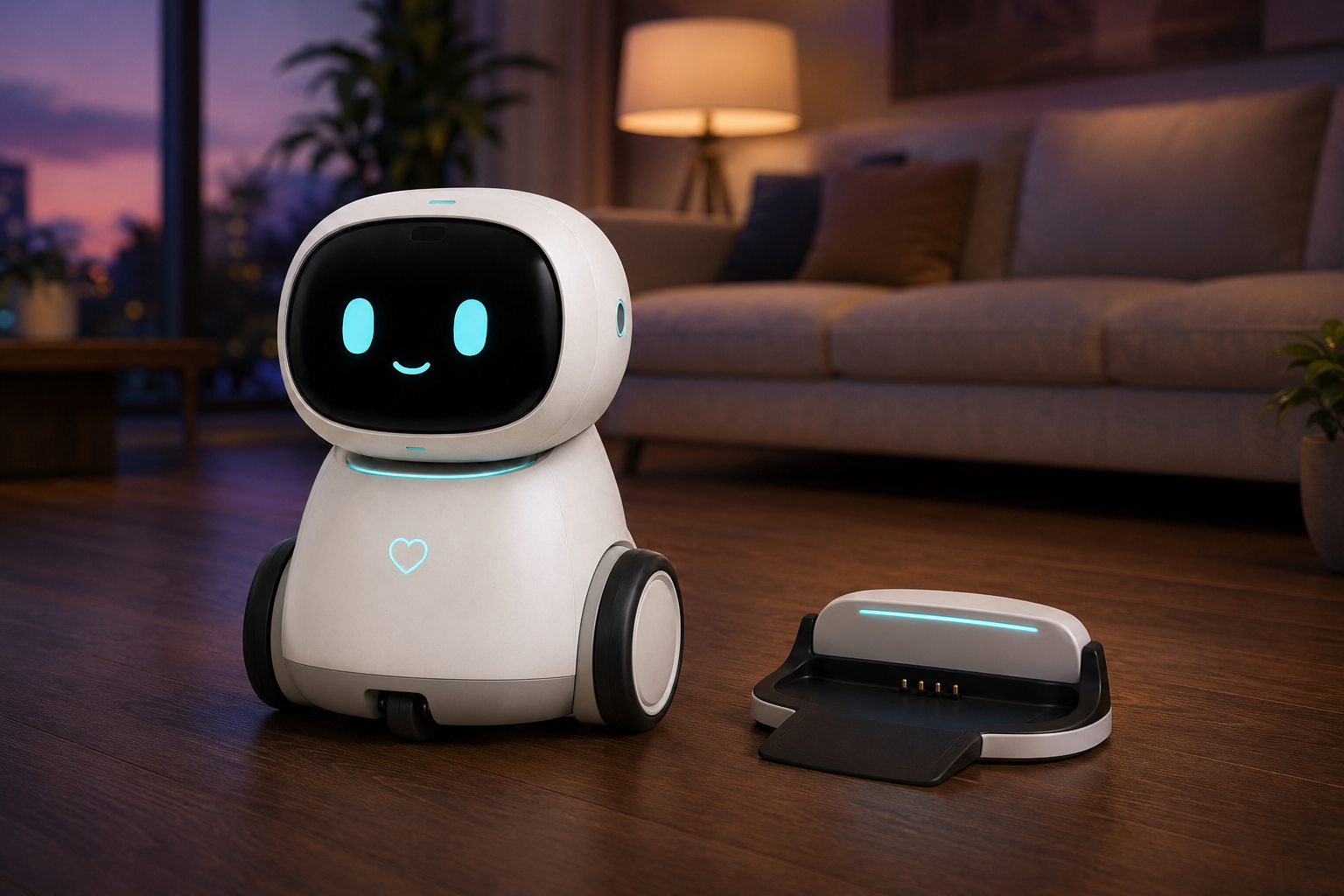 Nova Rover beside its low-profile charging station in a warm modern family lounge