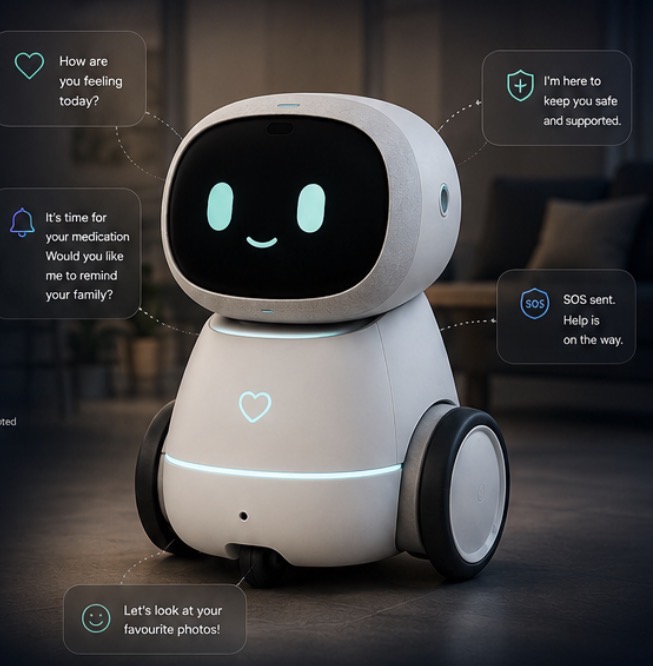 Nova Rover at home with examples of family check-ins, reminders, support and shared photos